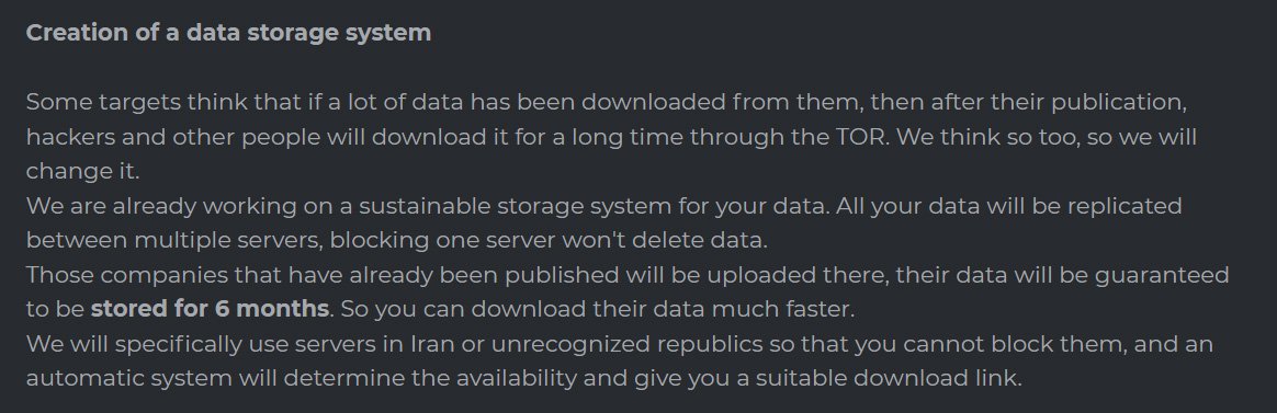 DarkSide's announcement about the storage system