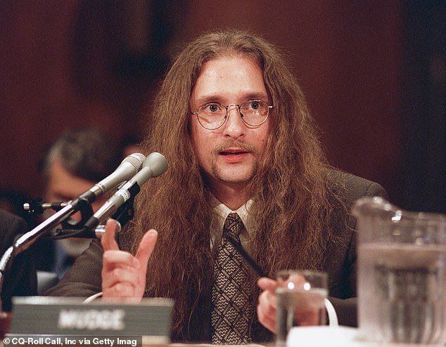 Mudge is pictured testifying before the Senate Governmental Affairs hearing on government computer security in 1998