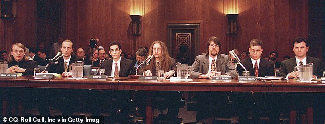 Computer hackers from International;LOpht. a 'hacker think tank,' (left to right) Brian Oblivion,Tan,Kingpin,Mudge,Weld Pond,Space Rougue and Stefan Von Neumann testified in 1998 before the Senate Governmental Affairs hearing on government computer security