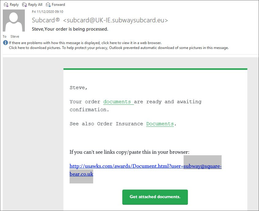 Subway UK phishing email
