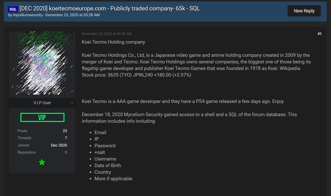 Koei Tecmo database leaked for free