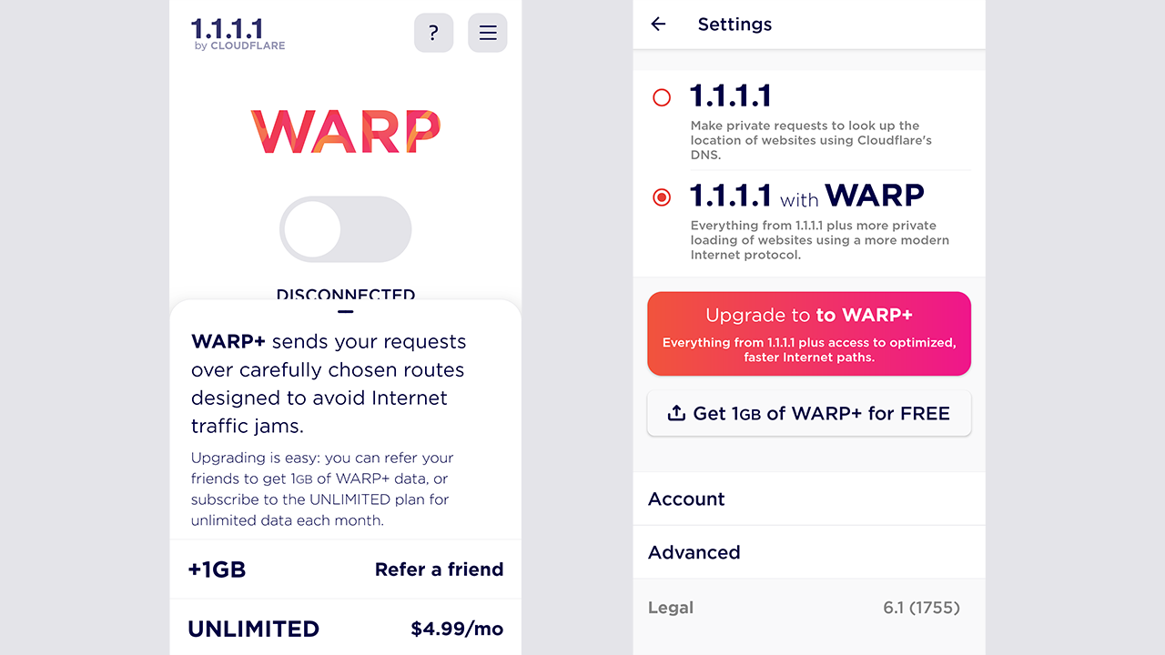 Pricing and toggle for Warp+ and 1.1.1.1