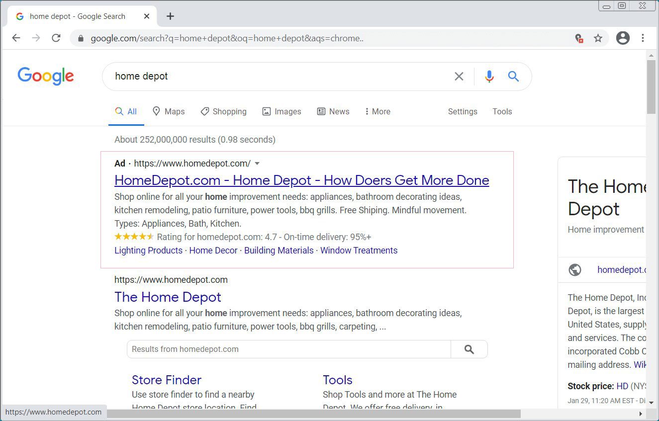 Home Depot ad in Google Search