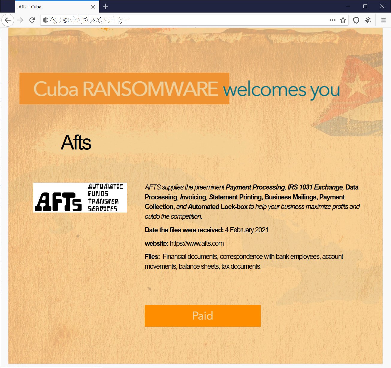 Cuba ransomware data leak page for AFTS