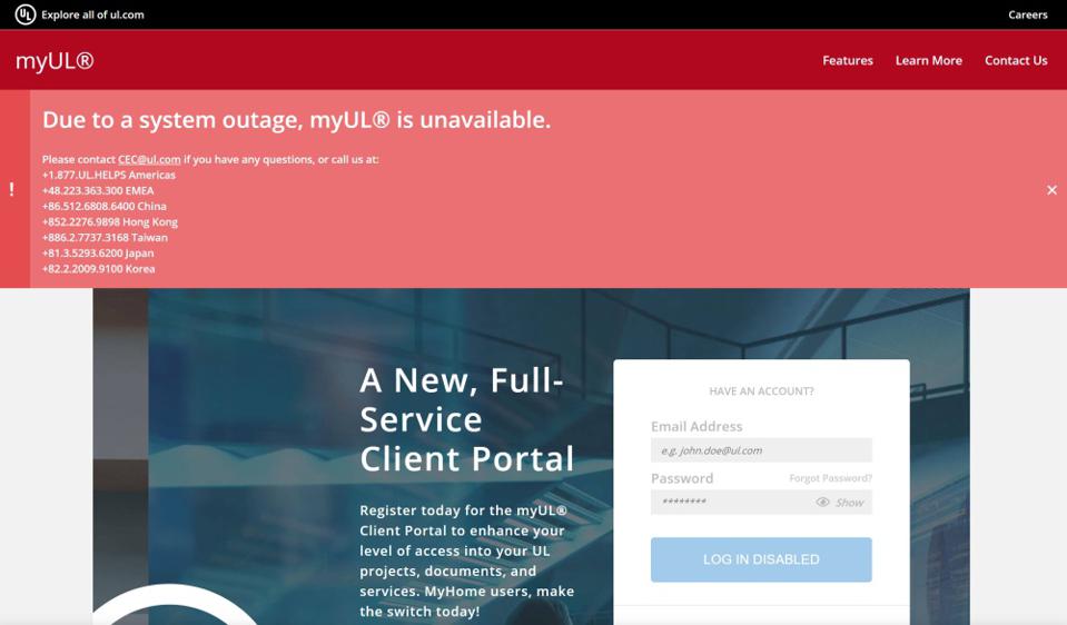 An outage notification is displayed on the myUL web portal.
