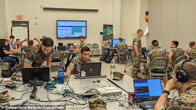 Troops from across the New England region practiced tackling a massive simulated breach across critical infrastructure sectors including power, water and gas during the Cyber Yankee Event (above)