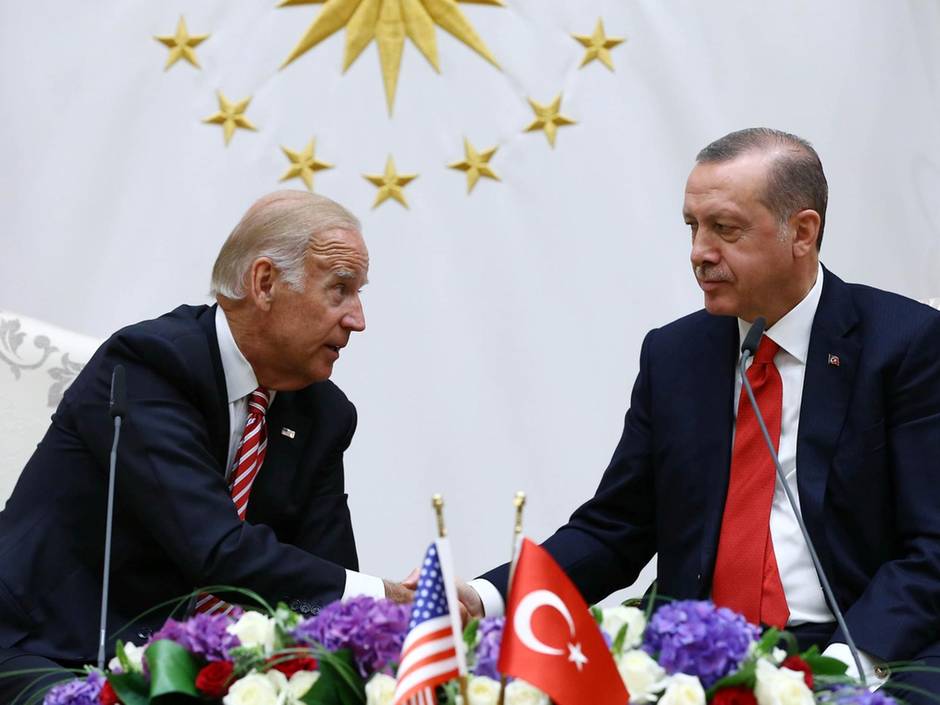 Joe Biden, while serving as US vice president, speaks to Turkish President Recep Tayyip Erdogan in 2016. Getty Images