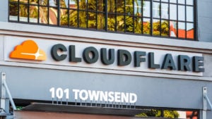 Close up of Cloudflare logo at the Company's headquarters