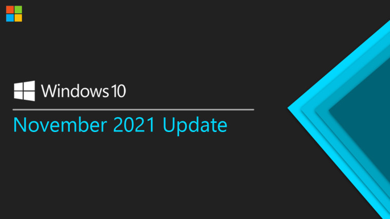 Windows 10 logo with November 2021 Update written below it in blue