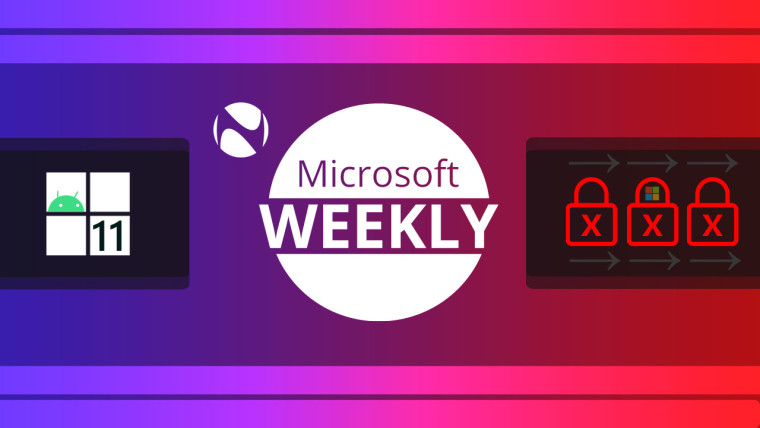 Microsoft Weekly logo with an Android icon inside a Windows logo on the left and red padlocks on the