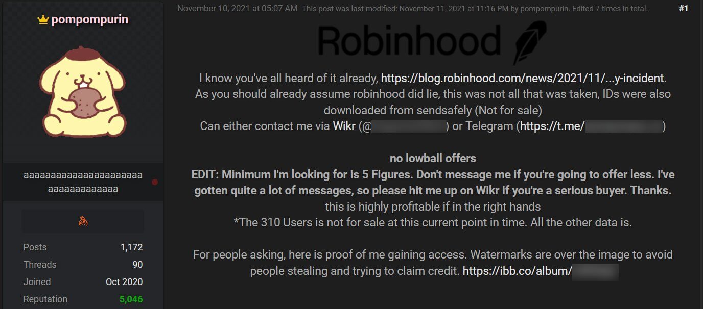 Threat actor selling the stolen Robinhood data