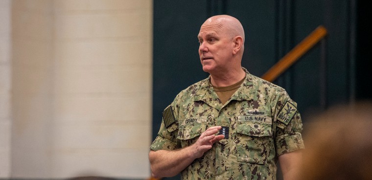 Adm. Christopher W. Grady, commander, U.S. Fleet Forces Command, speaks in Norfolk, Va. in October 2021. Photo by Petty Officer 1st Class Theodore Green