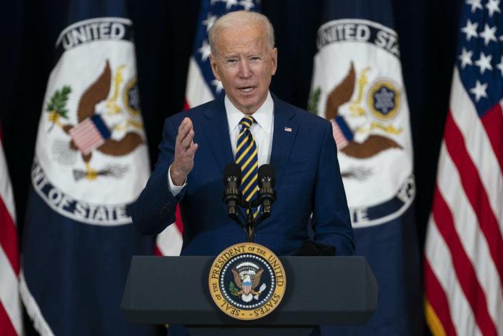 <span class="caption">Shortly after taking office, President Biden declared that the the U.S. would no longer roll over in the face of Russian cyberattacks.</span> <span class="attribution"><a class="link rapid-noclick-resp" href="https://newsroom.ap.org/detail/Biden/29e09be03a1948fca6c2bc88ff5d40d5/photo" rel="nofollow noopener" target="_blank" data-ylk="slk:AP Photo/Evan Vucci">AP Photo/Evan Vucci</a></span>