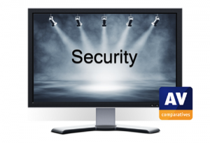 Screen with a picture of spotlights on the word Security and AV-Comparatives Logo