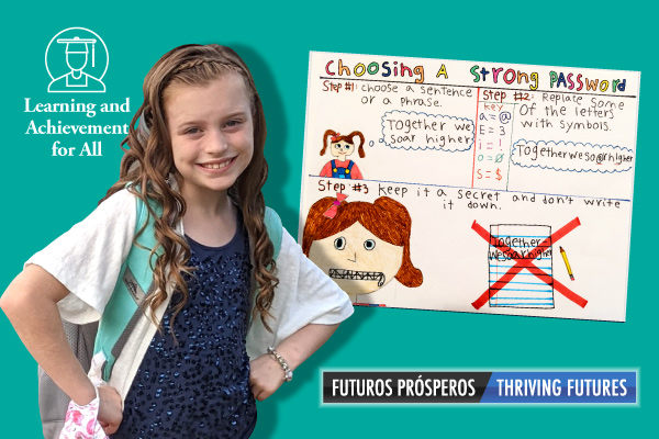 Smiling photo of Leila Walton, third-grade student at Ashland Elementary School, with her hands on her hips displayed on an aqua background with her winning cyber safety poster angled in the top right corner