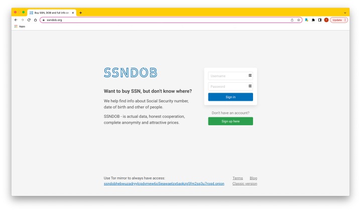 The SSNDOB website landing page.