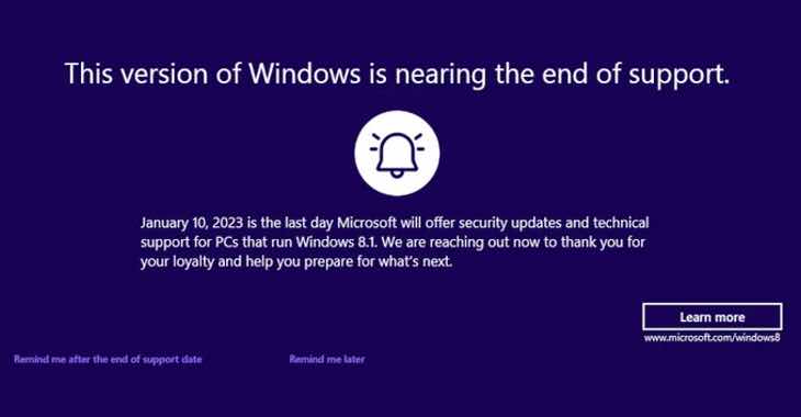 Windows 8.1 displays full-screen warning as it nears its last day of support