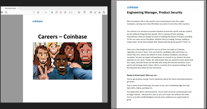 A fake job offer for Coinbase in the form of a PDF.