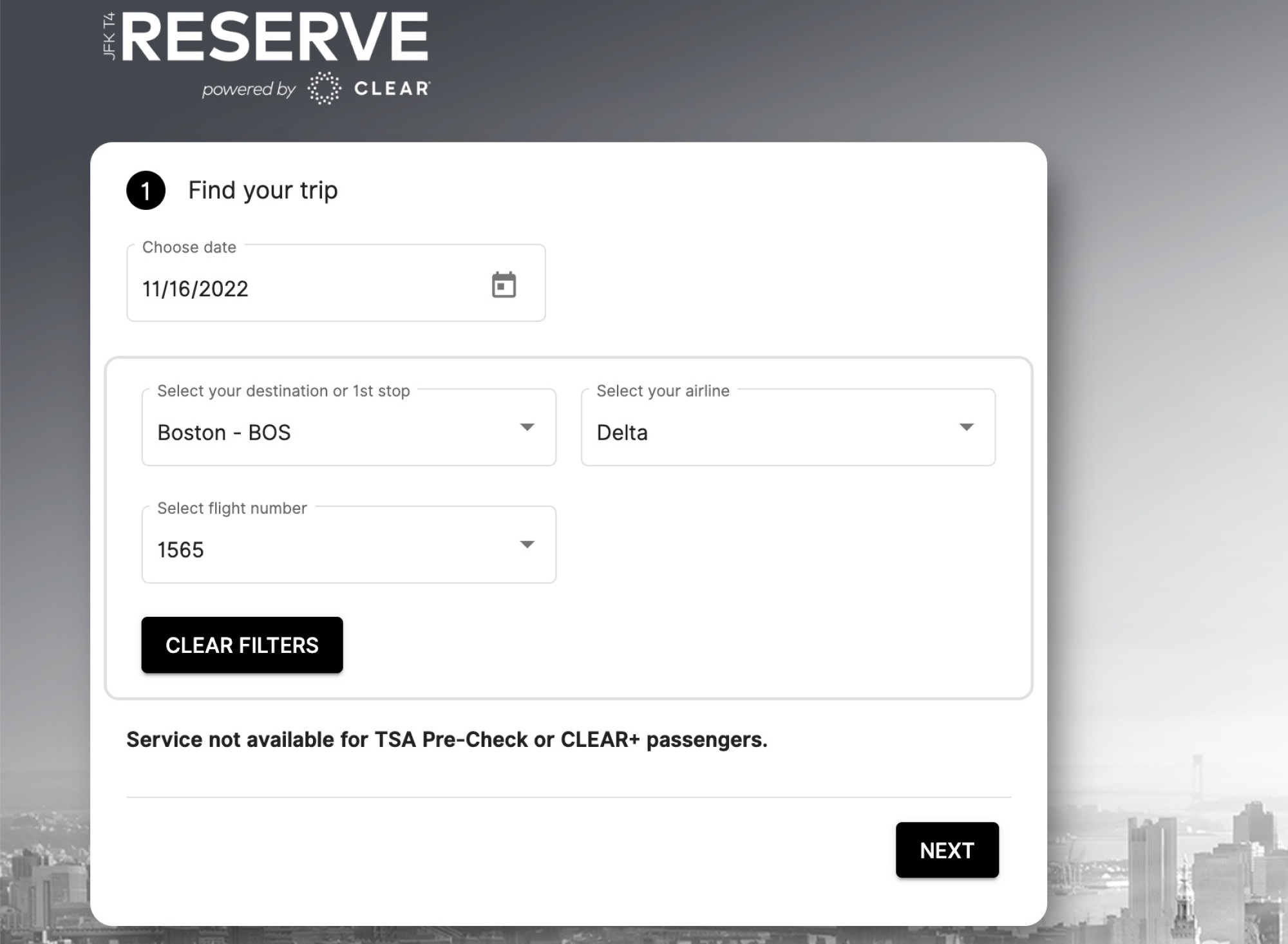 Screen showing form to find your flight info through the Reserve tool