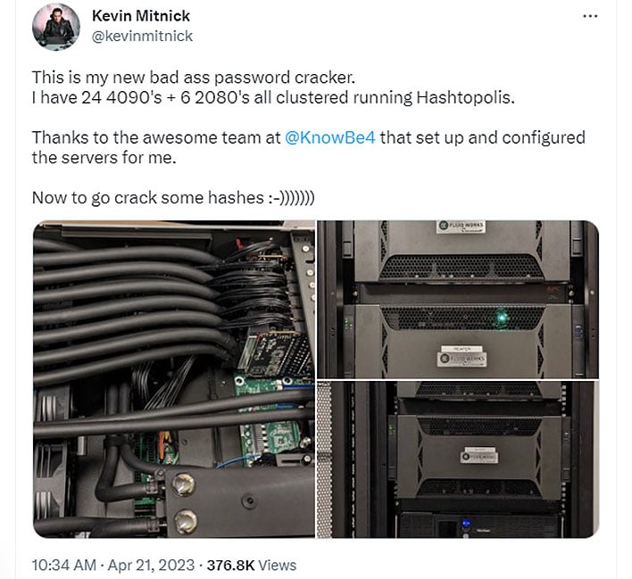 Kevin Mitnick tweet showing off his password cracking setup.