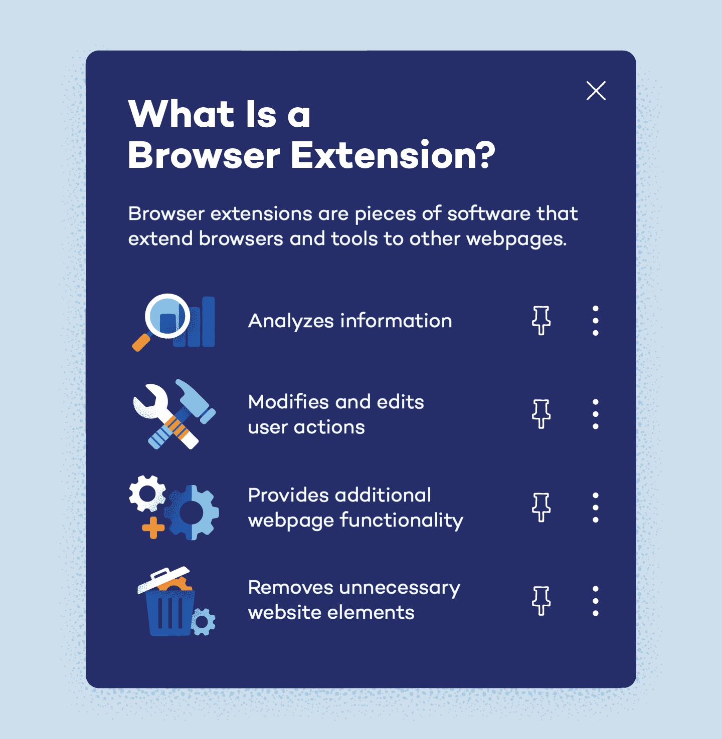 Browser extensions extend browsers and tools to other pages.