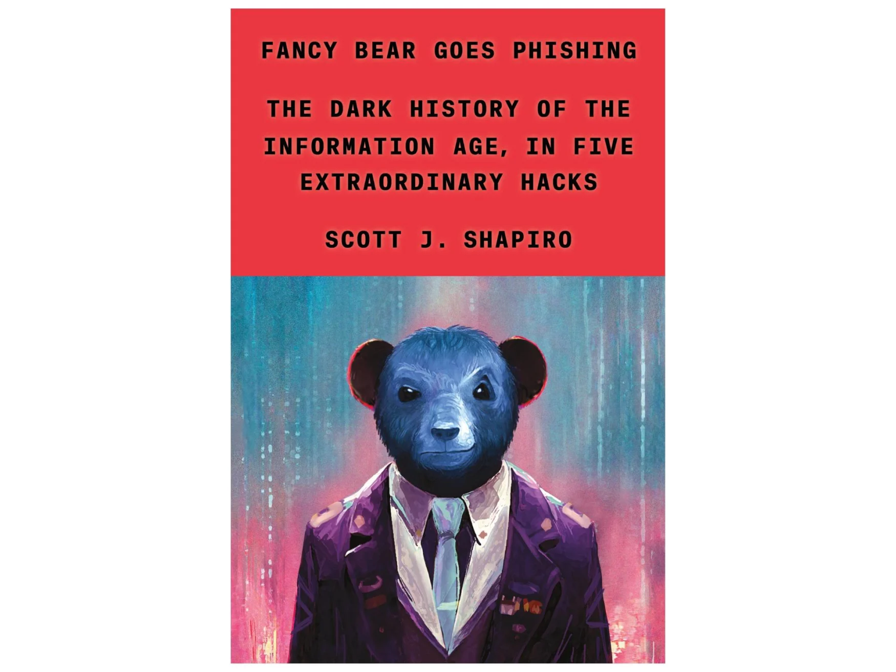 portrait-oriented oil painting of a smirking bear in a purple suit, black text on red background top third of the space.