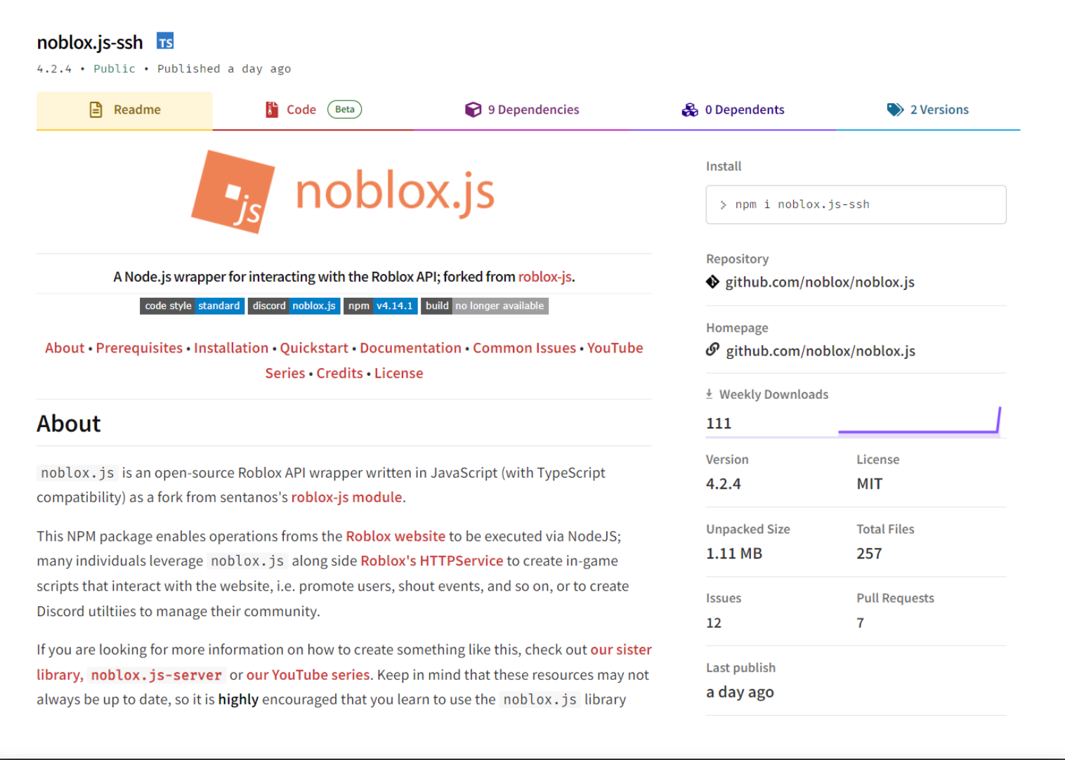 A screenshot of a since-removed malicious npm package mimicking a legitimate Roblox-related piece of code. (Image Credit: Reversing Labs)