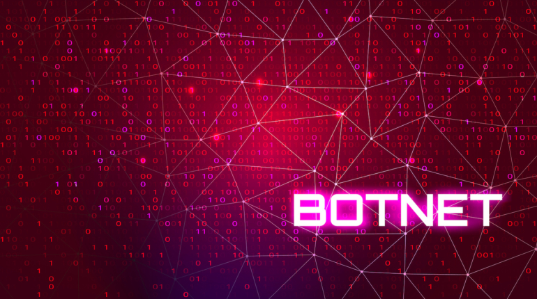 Botnet text on a red background of binary values.