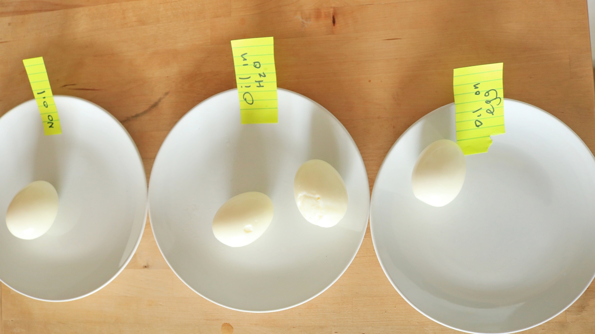 Hardboiled eggs on plates with labels