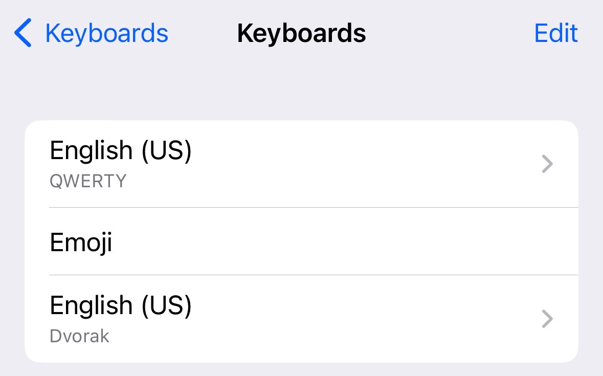 Dvorak keyboard enabled on iPhone.
