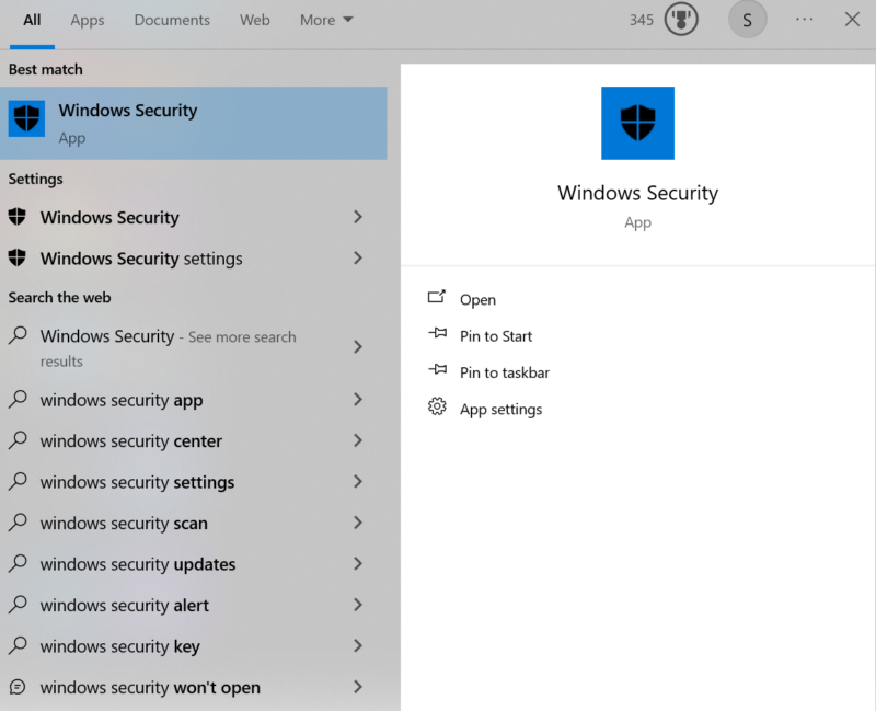 Windows Security search bar