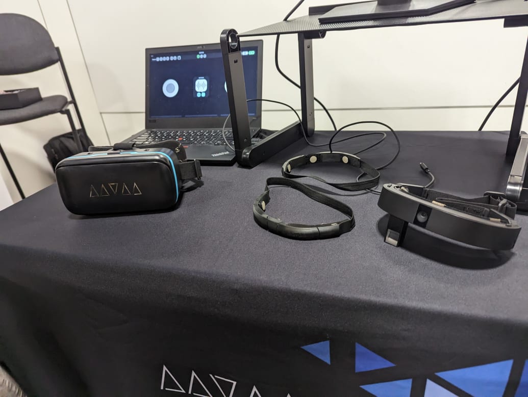 AAVAA's BCI devices on a table at CES 2024. 