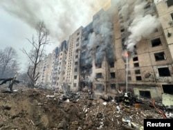 A heavily damaged building in Kyiv which was hit by a missile on January 2 that may have been guided by CCTV cameras.