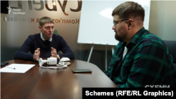 Information security specialist Serhiy Denysenko (left) with Schemes journalist Kyrylo Ovsyaniy.