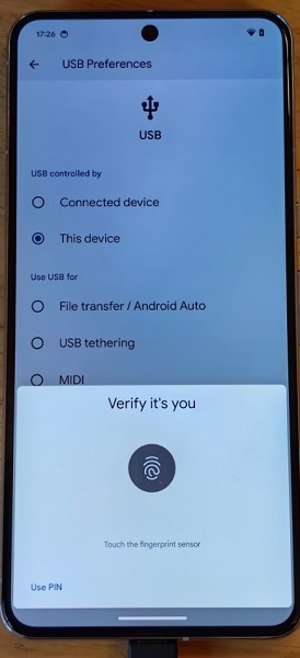Android 15 DP2 shows increased security measures when connected via USB.